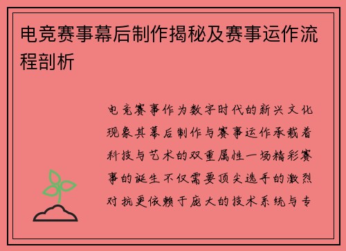 电竞赛事幕后制作揭秘及赛事运作流程剖析