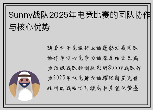 Sunny战队2025年电竞比赛的团队协作与核心优势