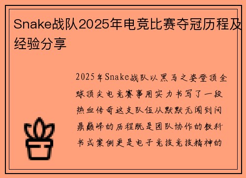 Snake战队2025年电竞比赛夺冠历程及经验分享